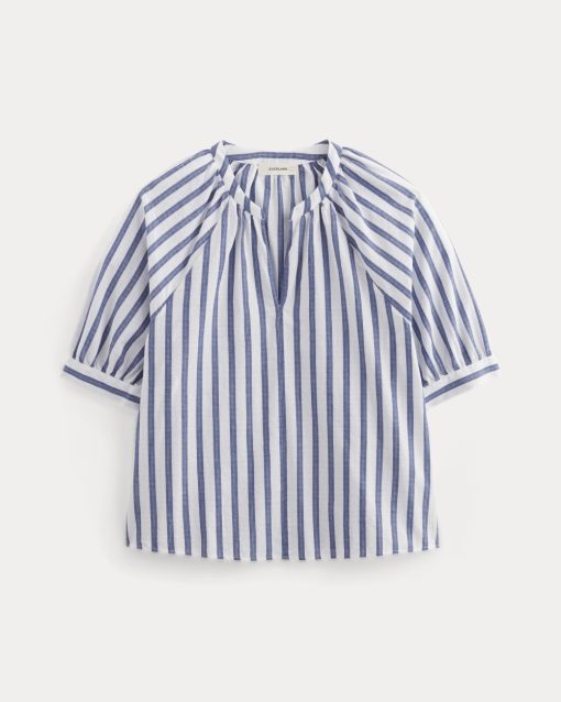 Alternative view of The Gauze Gathered Top | White / Mazarine Blue