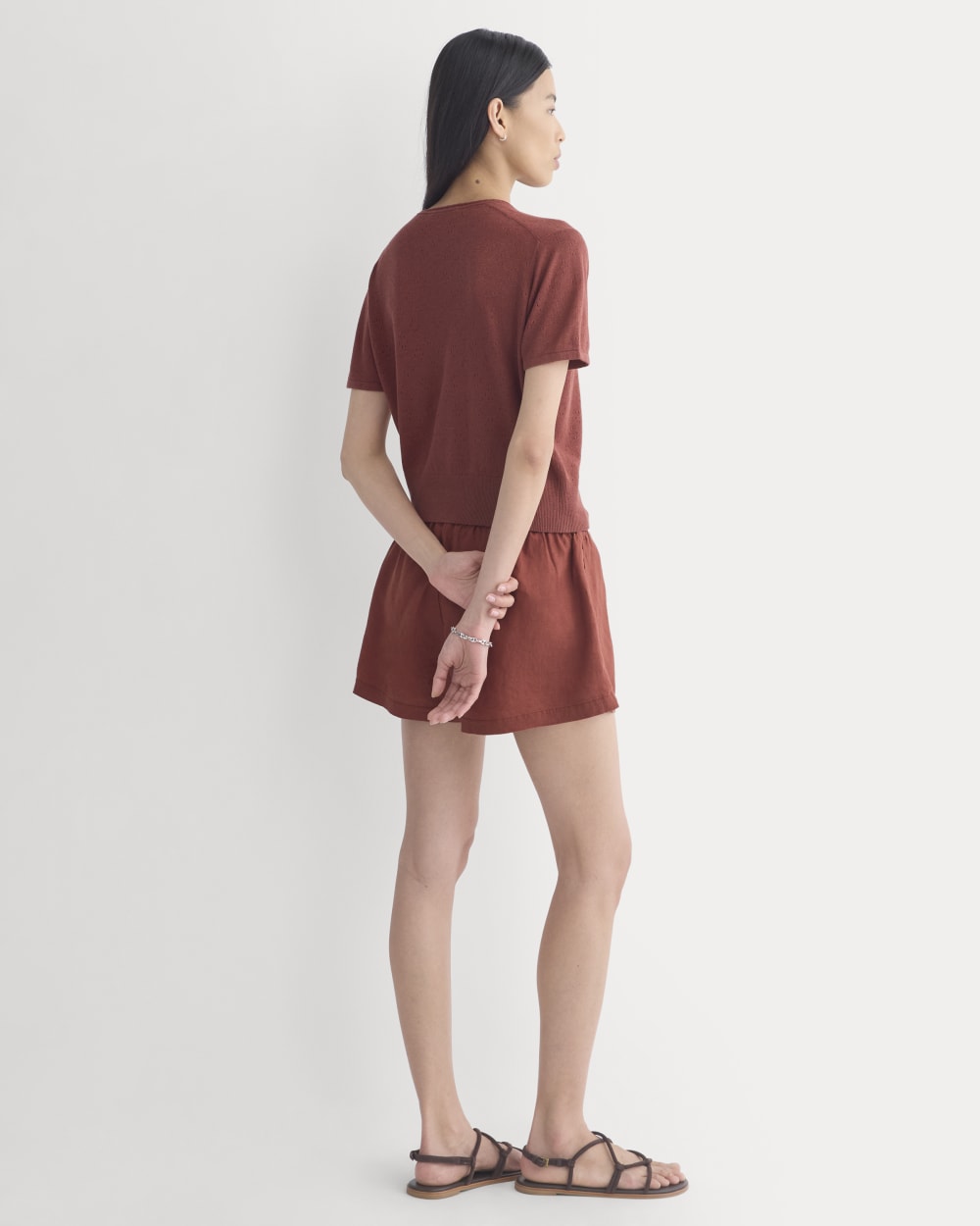 Lace Trim Cardigan in Fine Linen | Henna Red - Image 5
