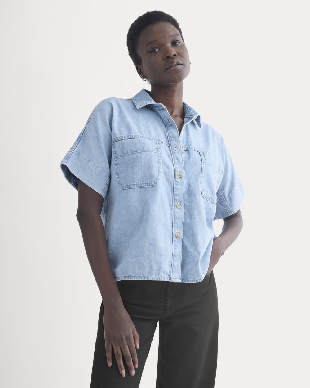 Cropped Boxy Denim Shirt | Light Indigo - Image 4