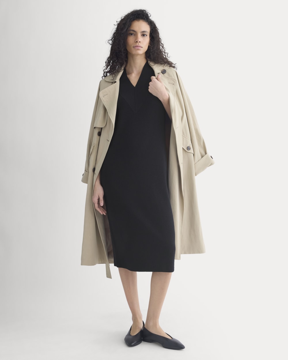 Relaxed V-Neck Midi Sweater Dress in Cotton Merino | Black