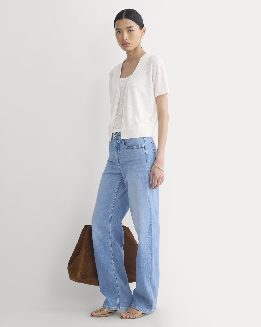 Lace Trim Cardigan in Fine Linen | Bone - Image 3