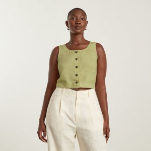 Alternative view of The Linen Button-Front Crop Tank | Leek