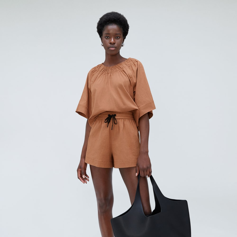 The Seersucker Gathered Tee | Tawny Brown - Image 4