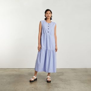Alternative view of The Tiered Midi Dress | White / Blue Mini Stripe
