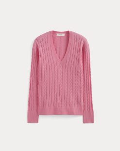 Alternative view of The Cable V-Neck in Cotton Cashmere | Deep Pink