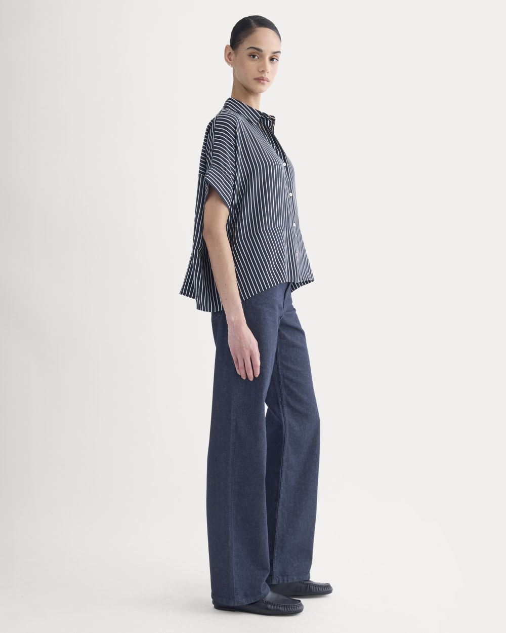 The Boxy Shirt in Washable Silk | True Navy / Bone Stripe - Image 3