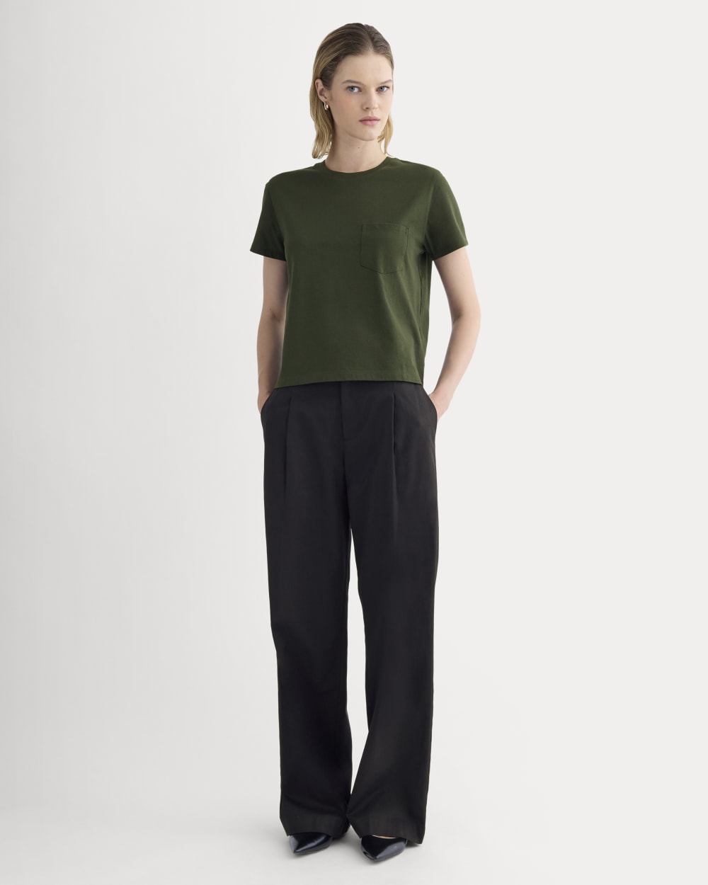 The Box-Cut Tee in Essential Cotton | Dark Green | Pocket - Image 3