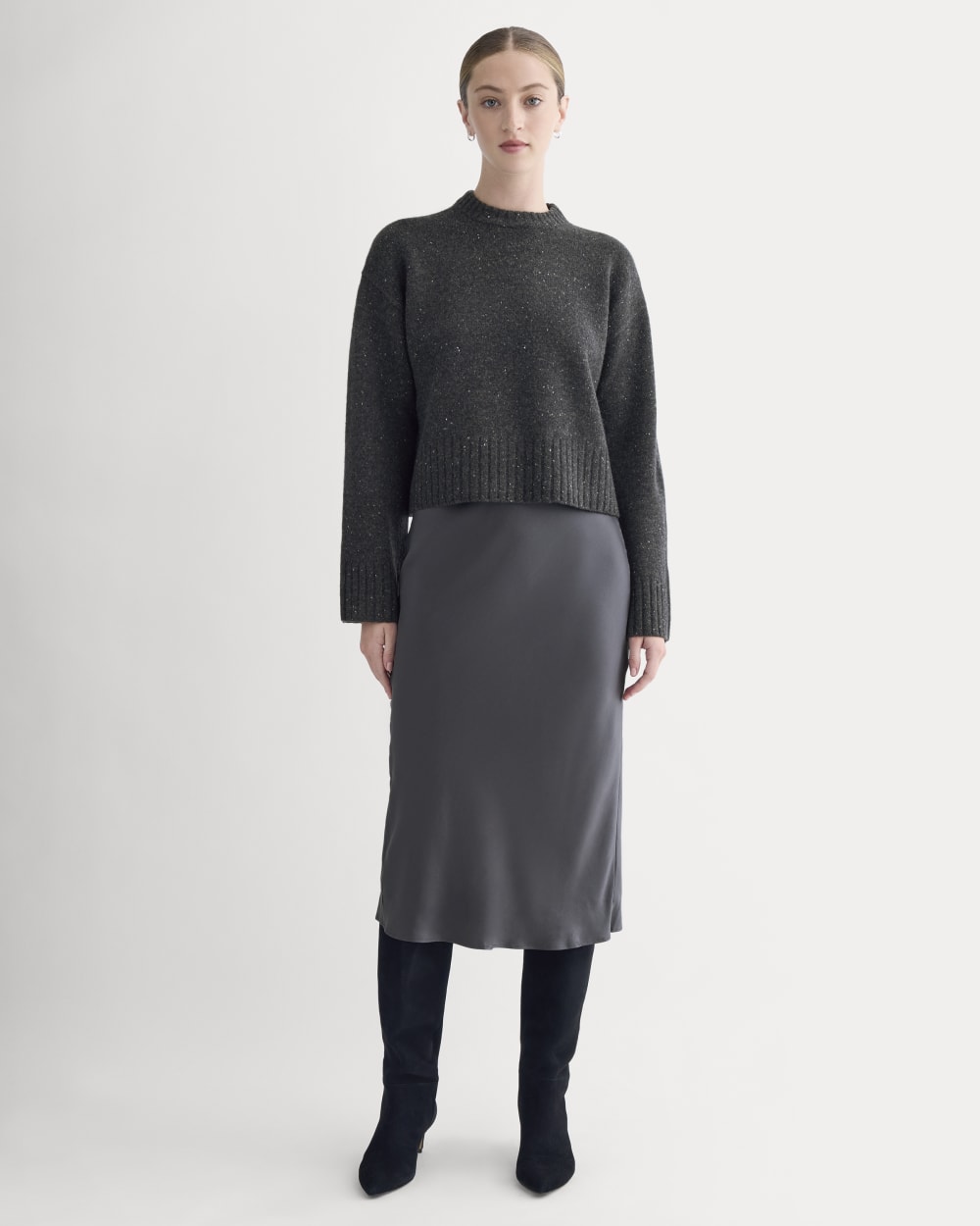Cropped Boxy Crew in Luxe Merino | Heathered Black Donegal - Image 3