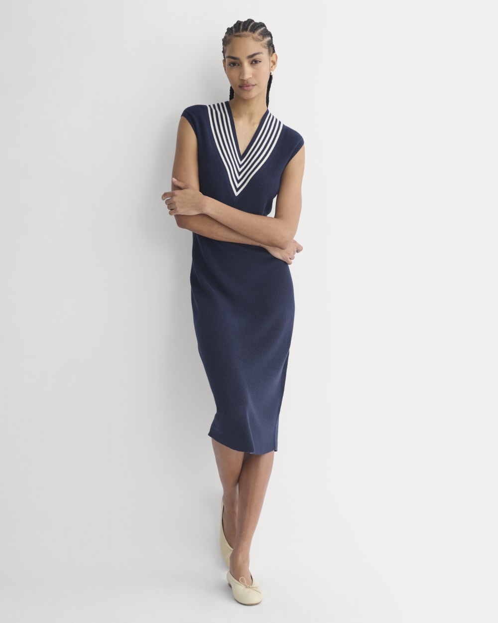 Relaxed V-Neck Midi Sweater Dress in Cotton Merino | Navy - Image 3