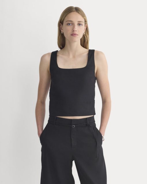 Square Tank in Stretch Linen | Black