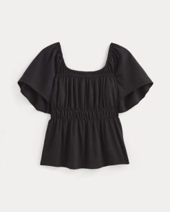 Alternative view of The Flutter-Sleeve Top in Stretch Linen | Black