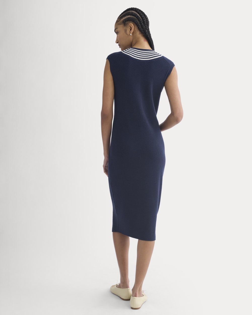 Relaxed V-Neck Midi Sweater Dress in Cotton Merino | Navy - Image 5