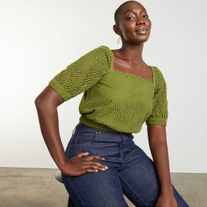 Alternative view of The Eyelet Puff Sleeve Top | Moss