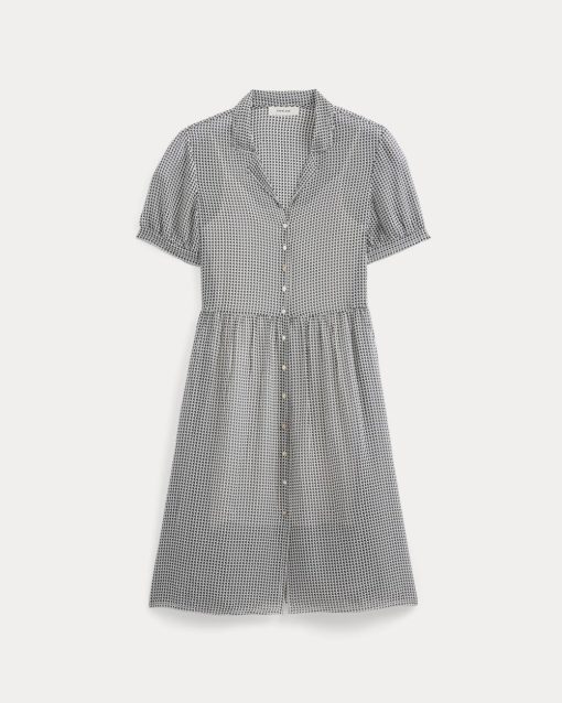 Alternative view of Notch Collar Shirtdress in Silk Georgette | Gardenia/Black Micro Dot