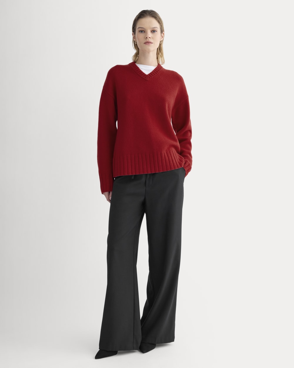 V-Neck Sweater in Extrafine Luxe Merino | Berry Red - Image 3