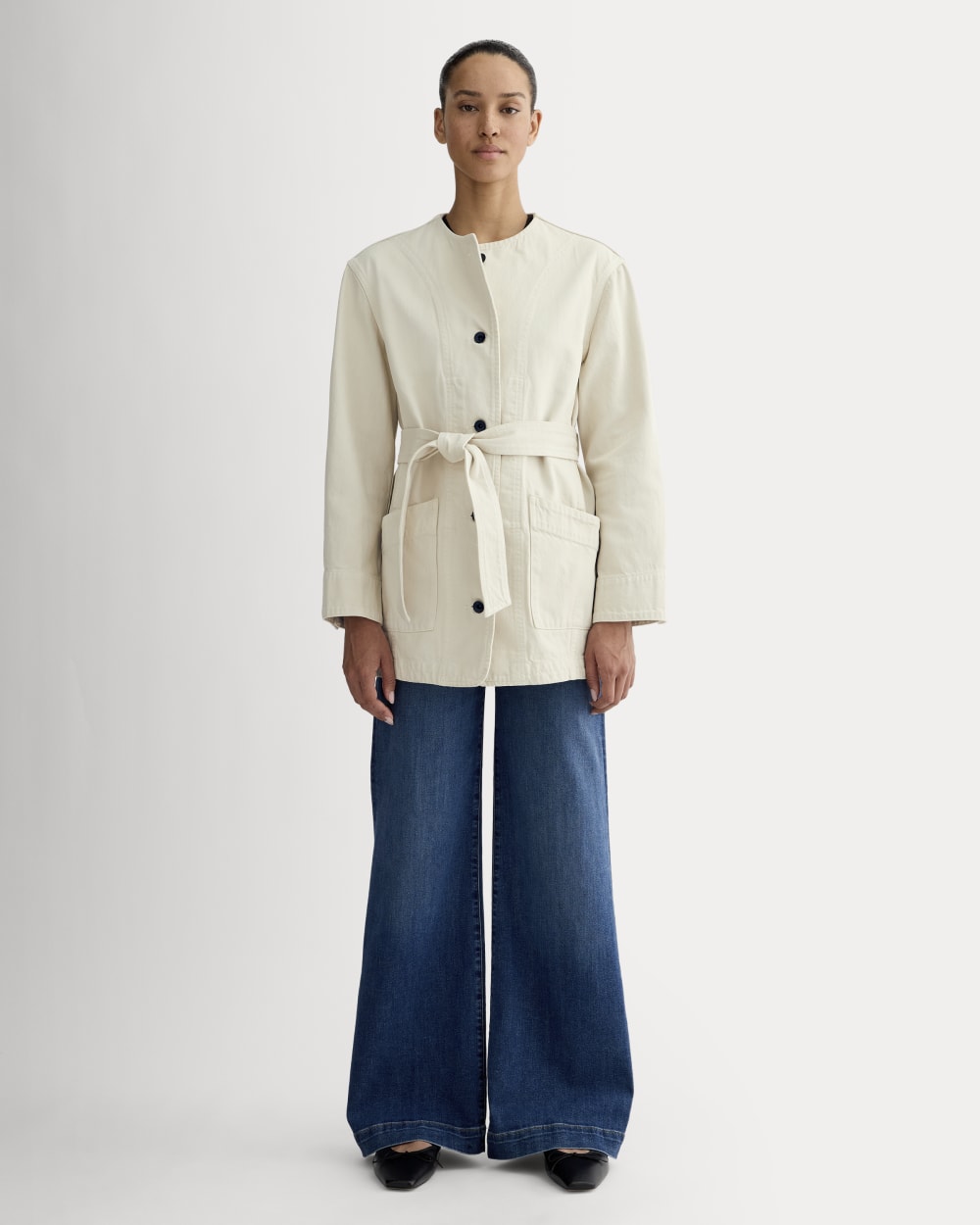 The Long Denim Barrel Jacket | Garment-Dyed Sand - Image 3