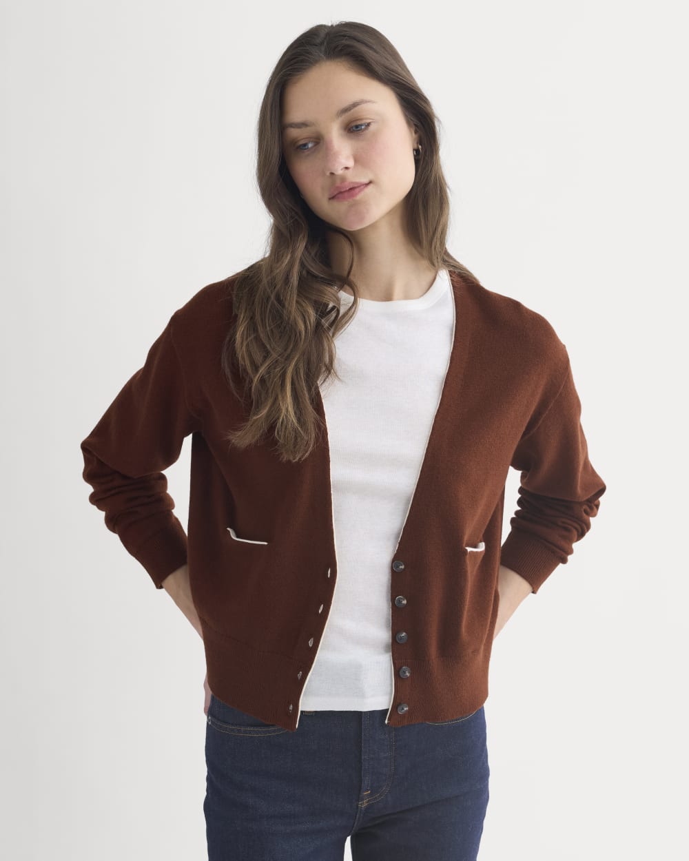 Deep V-Neck Cardigan in Cotton Merino | Whipped Cream - Image 4