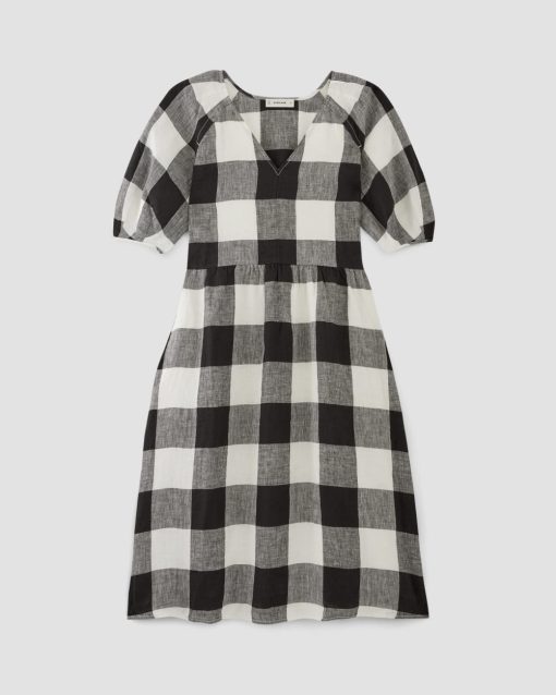 Alternative view of The Linen Oversized Puff-Sleeve Dress | Bone / Black Check