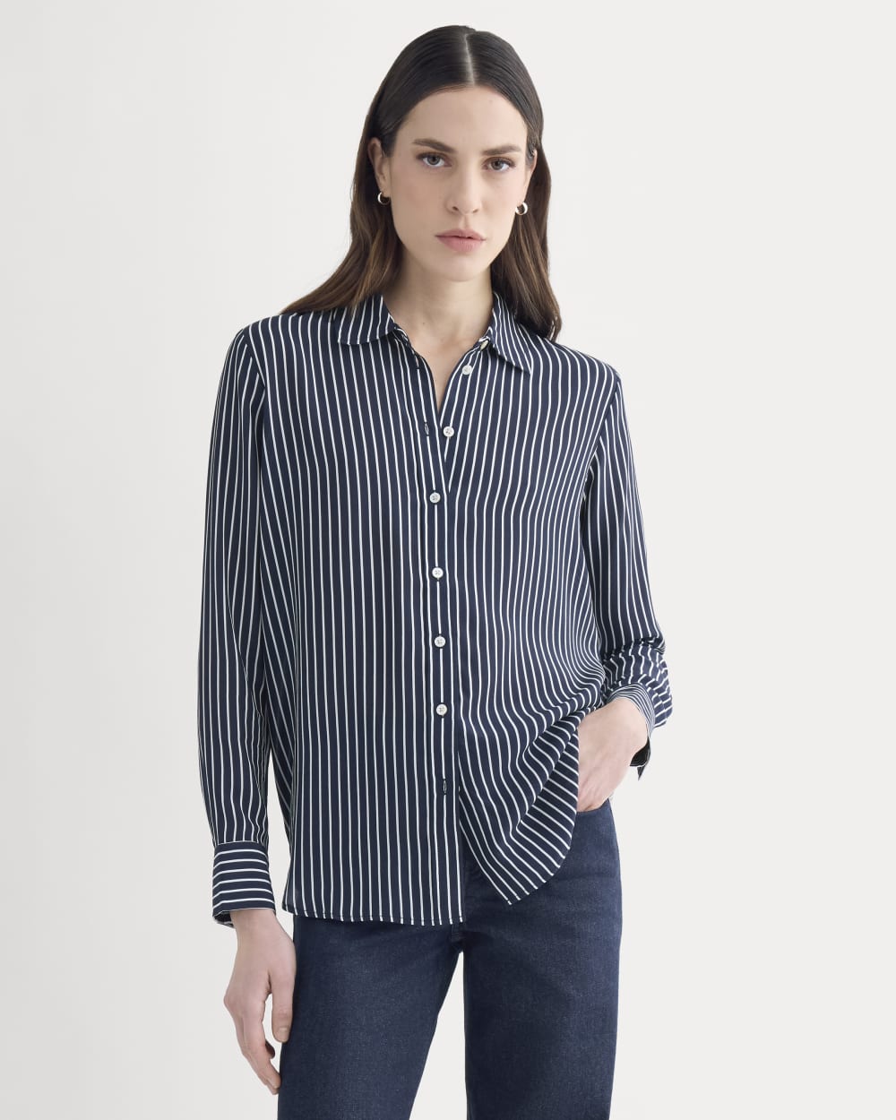 The Must-Have Shirt in Washable Silk | True Navy / Bone Stripe - Image 4
