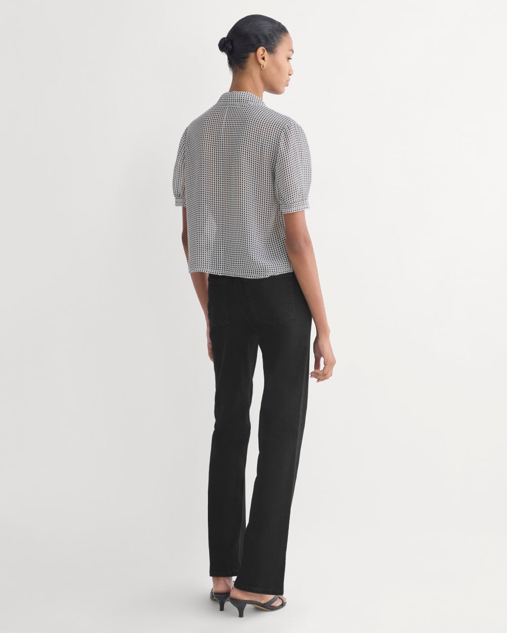 Notch Collar Shirt in Silk Georgette | Gardenia/Black Micro Dot - Image 4