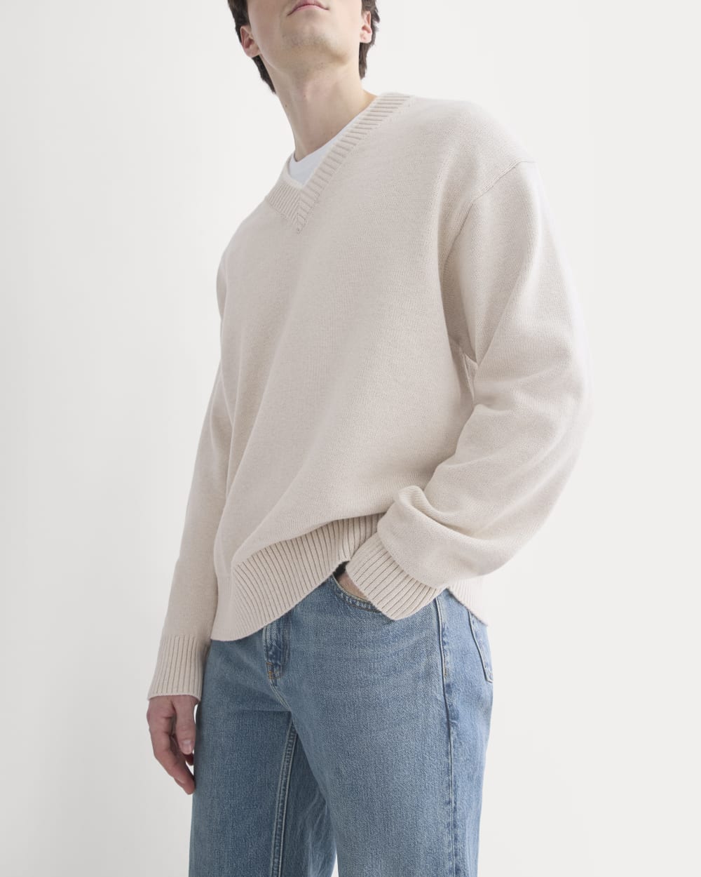 Relaxed V-Neck Sweater in Everyday Cotton | Heathered Oat - Image 4