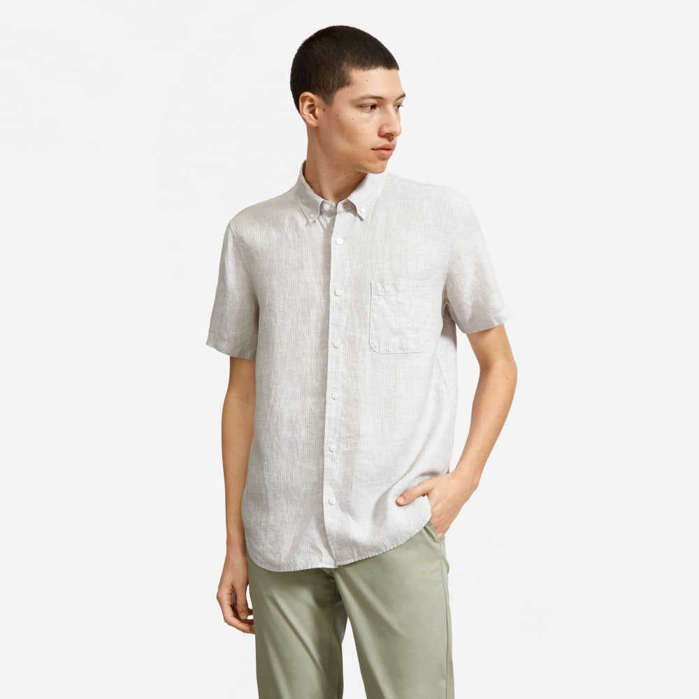 The Classic Short-Sleeve Shirt in Linen | Stone / White Stripe - Image 2