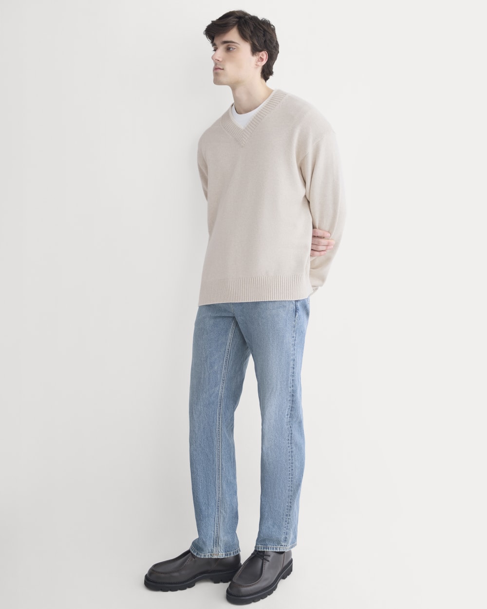 Relaxed V-Neck Sweater in Everyday Cotton | Heathered Oat - Image 3