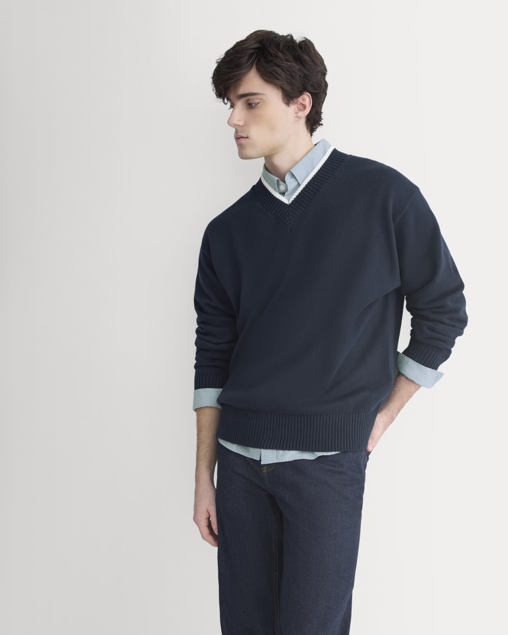 Relaxed V-Neck Sweater in Everyday Cotton | Deep Navy - Image 4