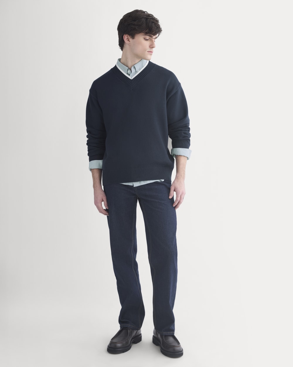 Relaxed V-Neck Sweater in Everyday Cotton | Deep Navy - Image 3